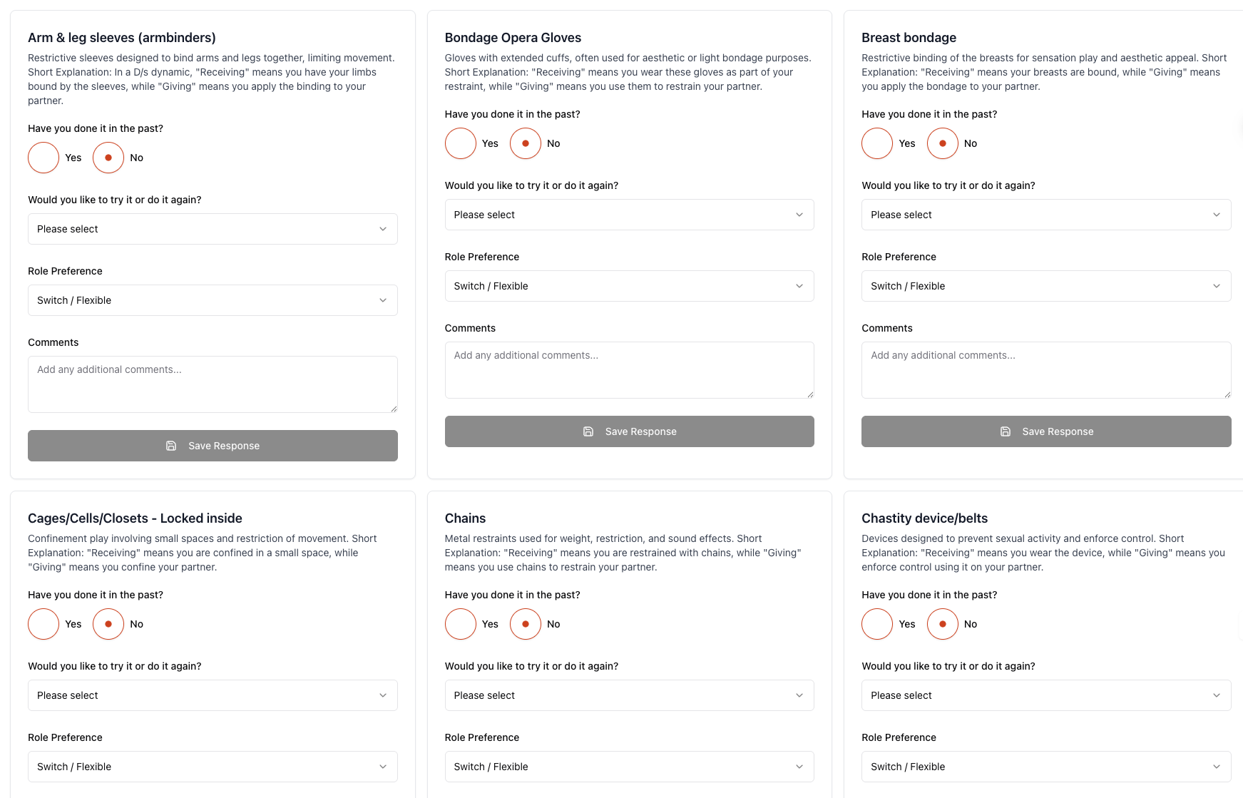 Kink checklist interface with multiple activity options